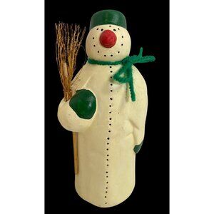 Vintage Snowman Figurine with Green Hat & Scarf Holding Broomstick - Rustic Wint